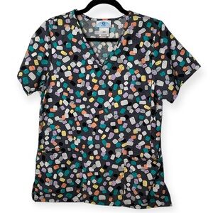 Smart Scrubs Gray and Multicolor Patterned Top